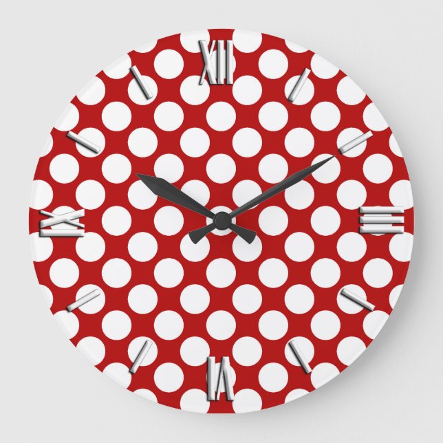 Große Retro Punkte - Weiß und Rot Wanduhr (Vorderseite)