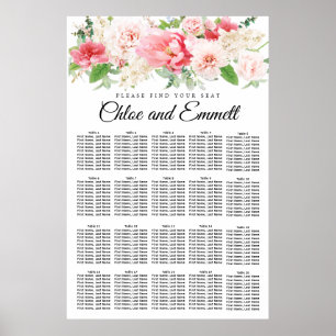 Große rosa, florale 20-Tisch Hochzeitstabelle Poster