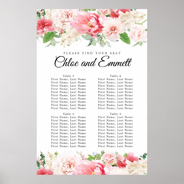 Große rosa, florale 4-Tisch-Hochzeitstabelle Poster (Vorne)