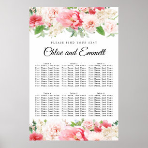 Große rosa, florale 6-Tisch-Hochzeitstabelle Poster