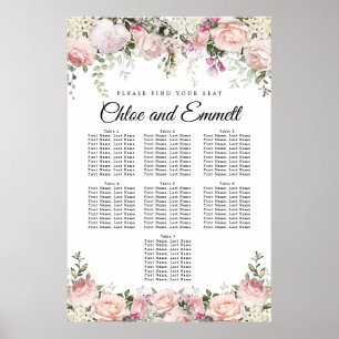 Große rosa, florale 7-Tisch-Hochzeitstabelle Poster