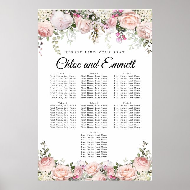Große rosa, florale 7-Tisch-Hochzeitstabelle Poster (Vorne)