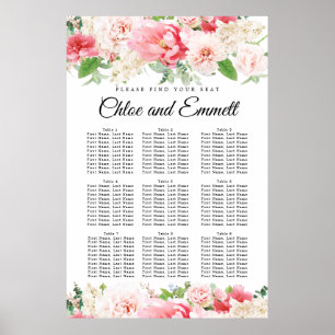 Große rosa, florale 9-Tisch-Hochzeitstabelle Poster