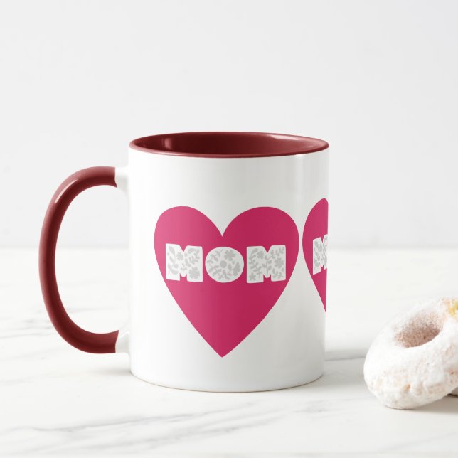 Große rosa Herz-MUTTER-Blumentypografie-Kaffeetass Tasse (Mit Donut)