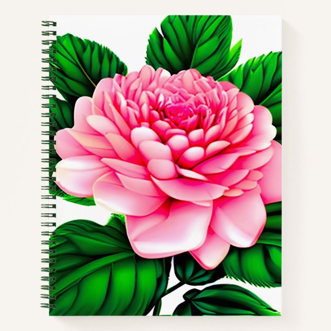 Große rosa Peony mit Emerald Green Blätter Journal Notizbuch (Vorderseite)