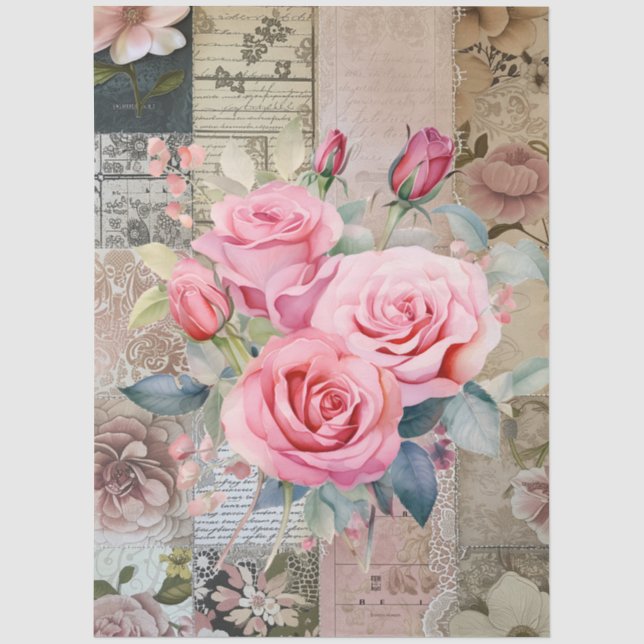 Große rosa Rose Bouquets & Collage Decoupage Seidenpapier (Vorderseite)