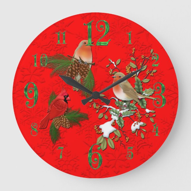 Große rote Kardinal und englische Robin Wall Clock Große Wanduhr (Vorderseite)