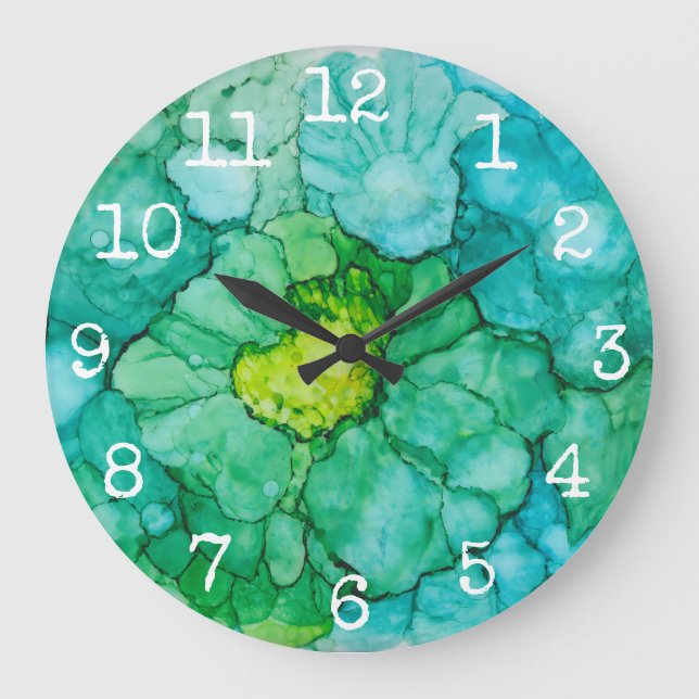 Große runde Uhr "Blue-Grüntöne-Blume" (Vorderseite)