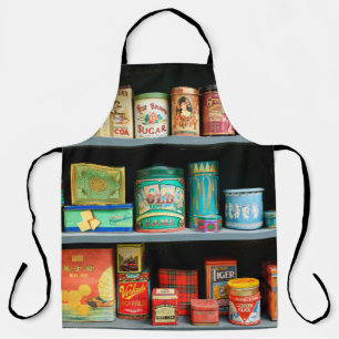 Große Sammlung von farbenfrohen Vintage-Dosen ausg Schürze