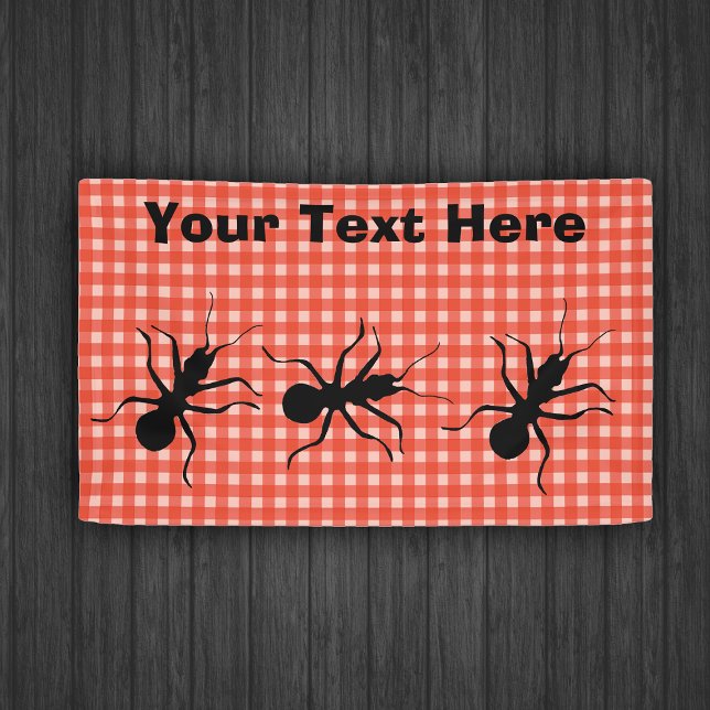 Große schwarze Ameisen Marching Fun Picnic Tablecl Banner (Row of big black creepy ants on red and white picnic tablecloth plaid event banner, add your text.)