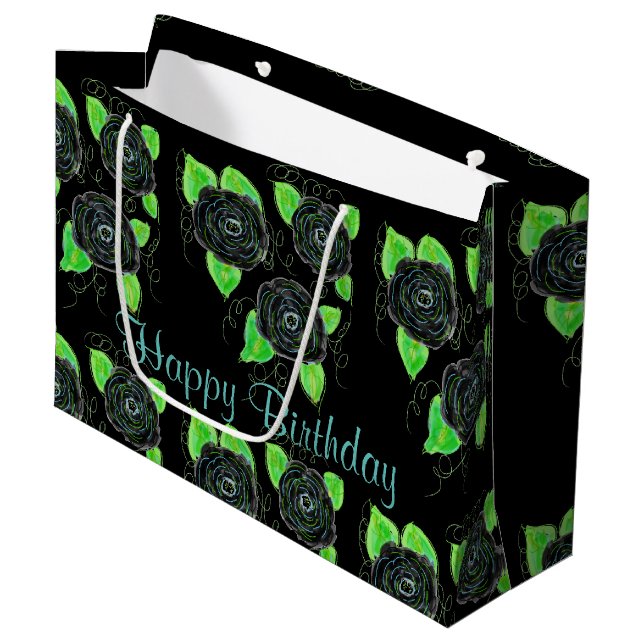Große schwarze Flower-Tasche Geschenktüte (Vorderseite Schrägansicht)