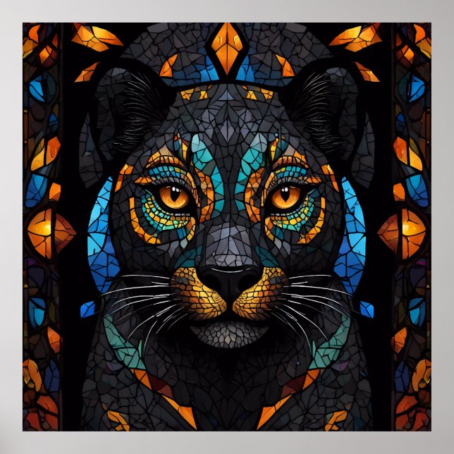 Große schwarze Katze Mosaik-Farbglas-Effekt Poster (Vorne)