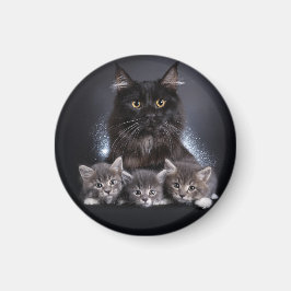 Große schwarze Katze und ihre 3 Kätzchen Pose für Magnet
