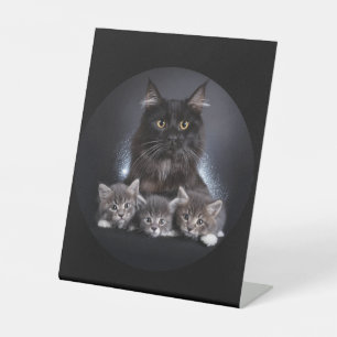 Große schwarze Katze und ihre 3 Kätzchen Pose für  Sockelschild