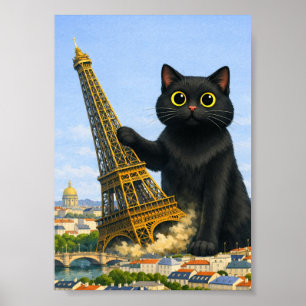 Große schwarze Katze wirft Eiffelturm um und denkt Poster