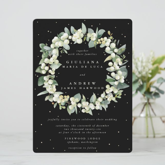 Große Schwarze Snowbere + Eukalyptus Wreath Weddin Einladung (Stehend Vorderseite)