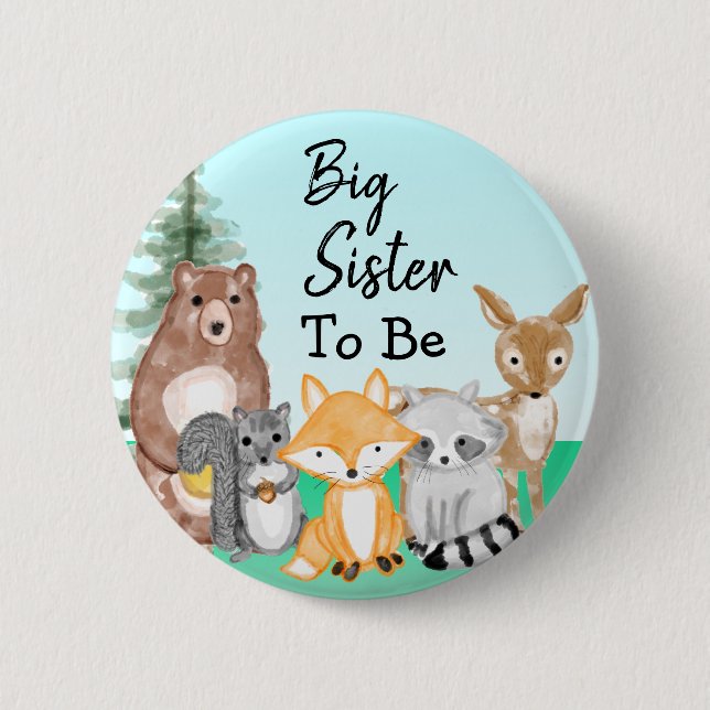 Große Schwester | Woodland Creatures Babydusche Button (Vorderseite)