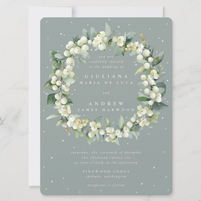 Große Seafoam Snowberry+Eucalyptus Wreath Wedding Einladung (Vorderseite)