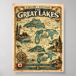 Große Seen Vintage-Karten-Reiseziel Poster