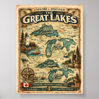 Große Seen Vintage-Karten-Reiseziel Poster