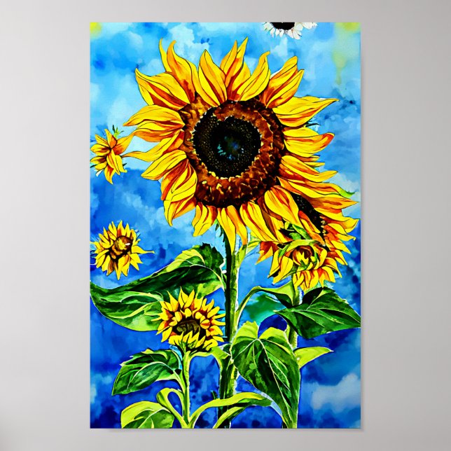 Große Sonnenblumen Aquarellmalerei Poster (Vorne)