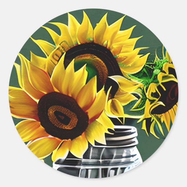Grosse Sonnenblumen im Glas Mason Jar Art Runder Aufkleber (Vorderseite)