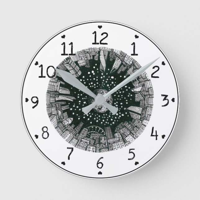 Große Stadt unter dem Mond schwarz-weiß Runde Wanduhr (Vorderseite)