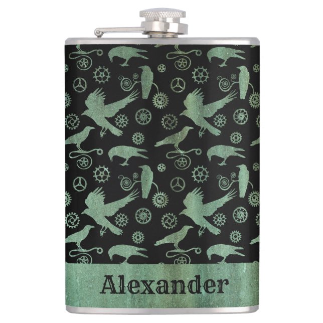 Große Steampunk-Verdigris-Gänse und Crows nach Maß Flachmann (Vorderseite)