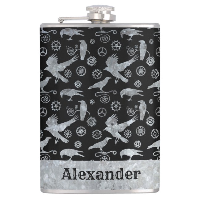 Große Steampunken Silberverzinkgestänge und -krähe Flachmann (Vorderseite)