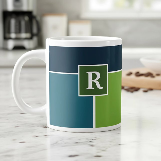 Große Streifen in blau und grün mit Monogram Jumbo-Tasse (coffee mug in blue and green with monogram)