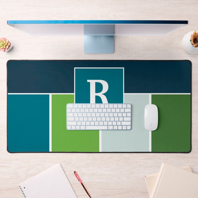 Große Streifen in blau und grün mit Monogram Schreibtischunterlage (Desk mat with monogram in blue and green)