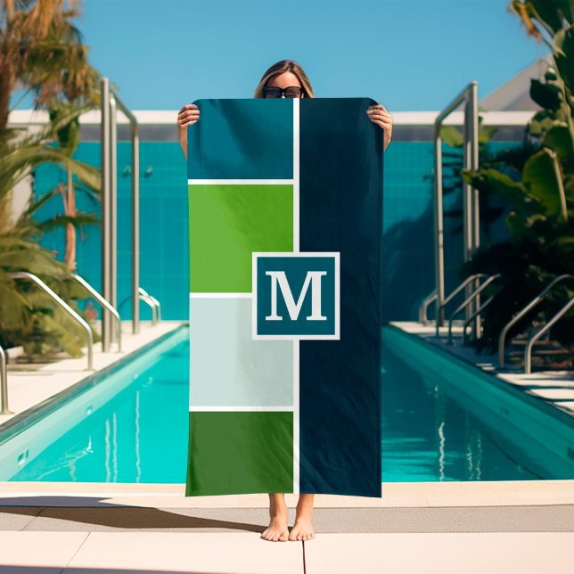 Große Streifen in blau und grün mit Monogram Strandtuch (masculine blue and green beach towel with monogram)