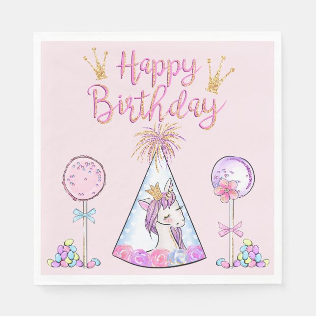 Große Typografie Happy Birthday Pink und Gold Serviette (Vorderseite)
