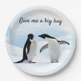Große Umarmung Pinguin auf Eis-Foto mit Text Pappteller