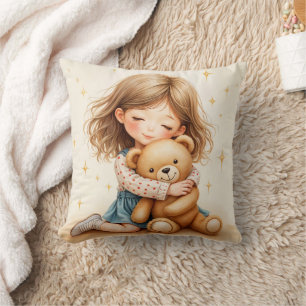Große Umarmungen Süßes Mädchen umarmt Teddybär Kissen