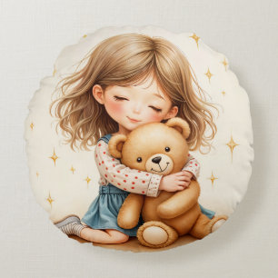 Große Umarmungen Süßes Mädchen umarmt Teddybär Rundes Kissen