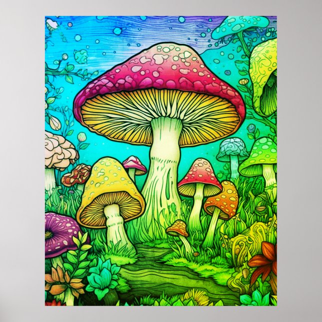 Große und kleine Pilze schwarzer Hintergrund an ei Poster (Vorne)