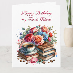Große Vintage Blumenbücher und Kaffee zum Geburtst Karte