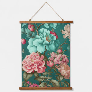 Große Vintage-Blumenmuster in Blau Wandteppich Mit Holzrahmen