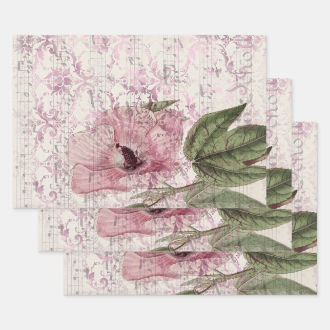 Große Vintage rosa Blume mit Musik Geschenkpapier Set (Set)