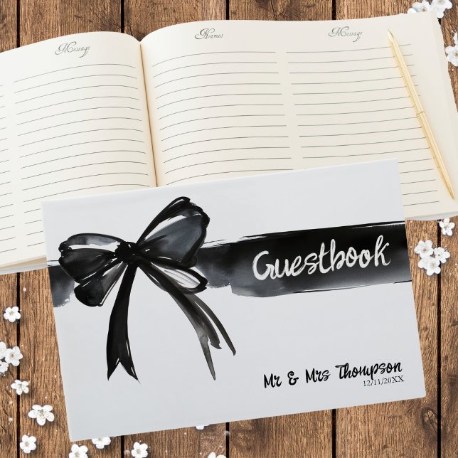 Große Wasserfarbenbraun Schwarz und Weiß Moderne H Gästebuch (Big Watercolor Bow Black White Modern Wedding Guest Book for memories and ceremony elegant trendy)