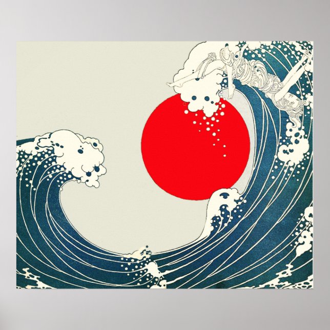 GROSSE WAVE UND ROTE SONNE Blau Weiß Nautik Poster (Vorne)