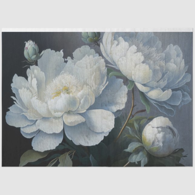 Grosse, weiße, blaue und schwarze Peony Art, Moody Seidenpapier (Vorderseite)