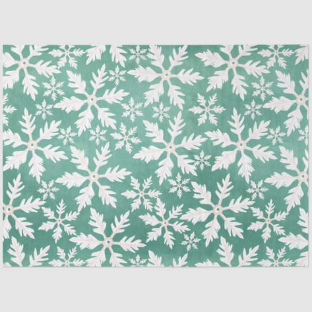 Große weiße Schneeflocken fallen ins Grüne Seidenpapier (Vorderseite)