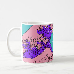Große Welle im Vaporwave-Pop-Art-Stil. Ansicht auf Kaffeetasse