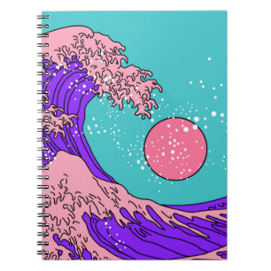 Große Welle im Vaporwave-Pop-Art-Stil. Ansicht auf Notizblock