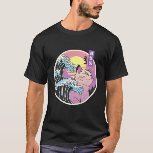 Große Welle Katzen Kunst Mashup Japanische Vaporwa T-Shirt