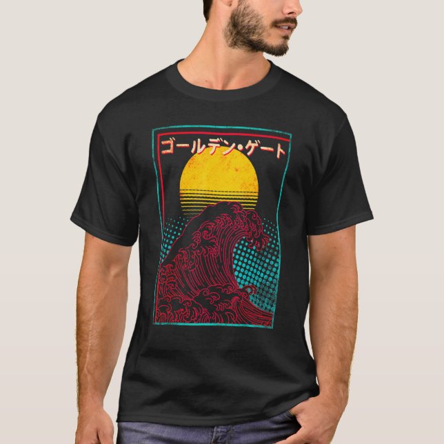 Große Welle steigt Sun Japan japanische Vaporwave T-Shirt (Vorderseite)