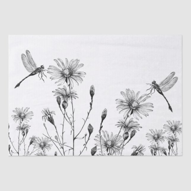 GROSSE Wildblume Dragonfly Decoupage Schwarz-weiß Seidenpapier (Vorderseite)