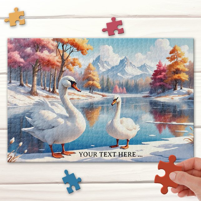 Große Winterschweizer Mama und Kinderpuzzle Puzzle (Lovely large family puzzle featuring a mom and child swan in a winter wonderland - Christmas)